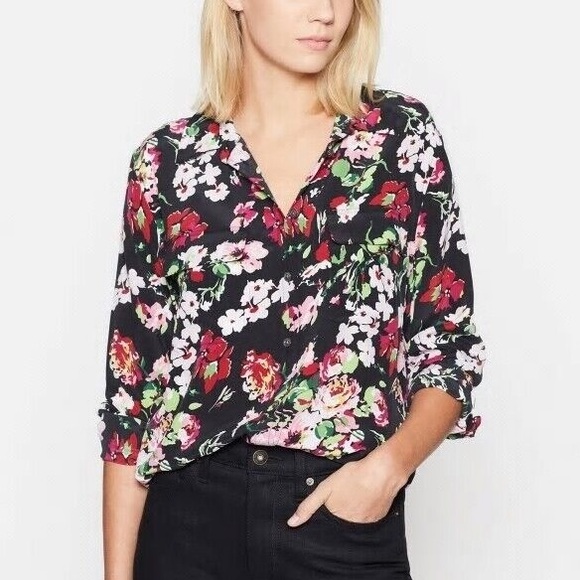 Equipment Femme Signature True Black Multi Floral Print Silk Blouse Size Small - Picture 1 of 7